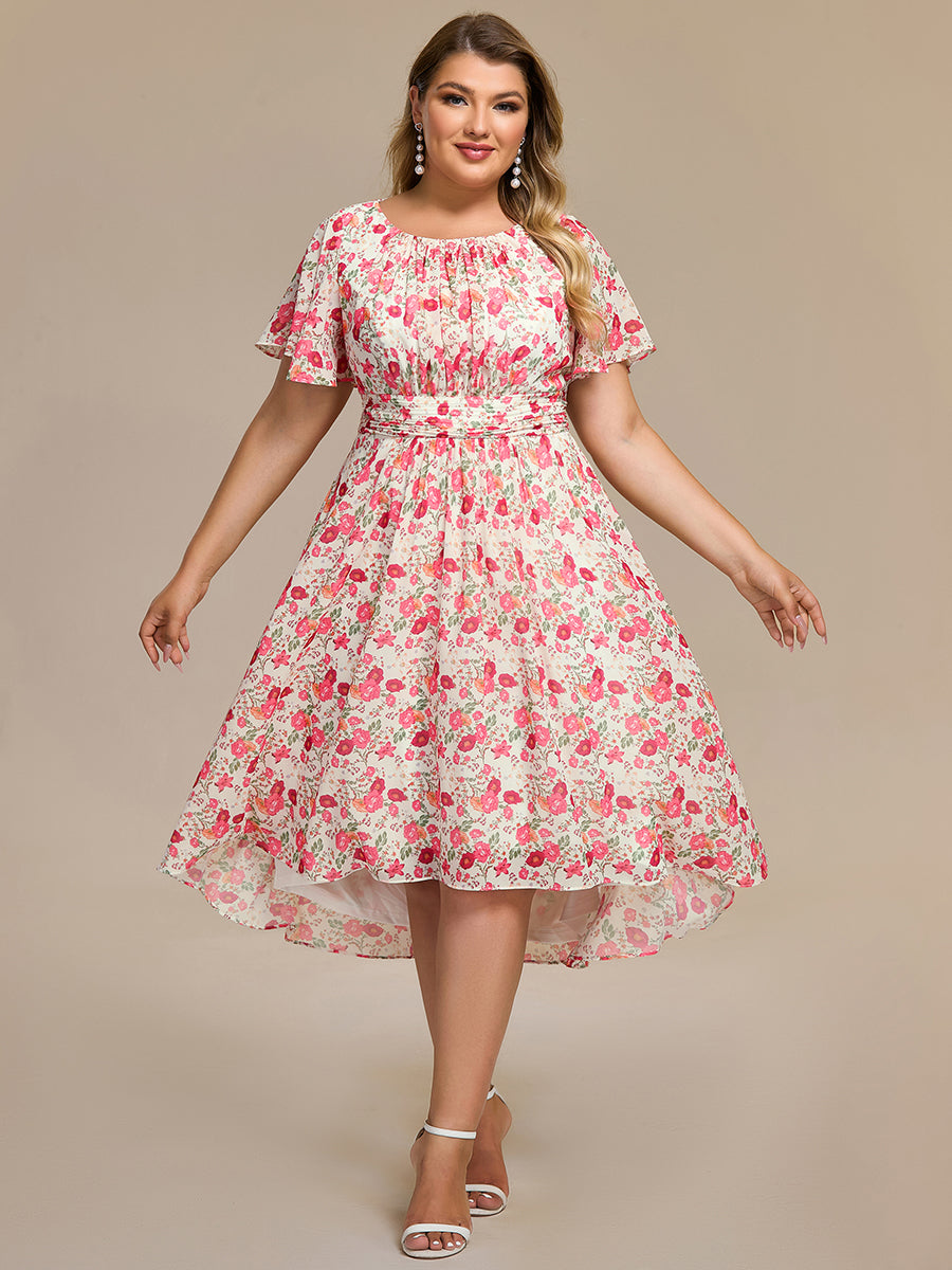 Color=white red | Plus Graceful Lotus Leaf Pleated A-Line Knee Length Round Neckline Short Sleeves Wholesale Wedding Guest Dress-white red 79