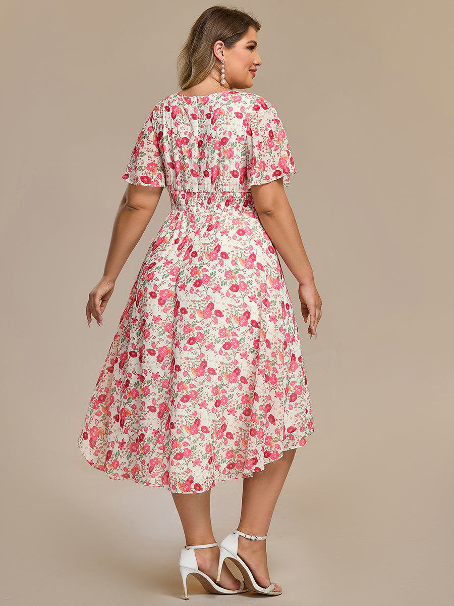 Color=white red | Plus Graceful Lotus Leaf Pleated A-Line Knee Length Round Neckline Short Sleeves Wholesale Wedding Guest Dress-white red 80