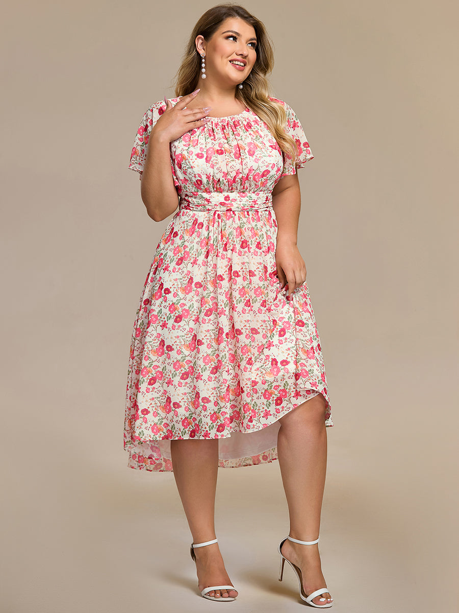 Color=white red | Plus Graceful Lotus Leaf Pleated A-Line Knee Length Round Neckline Short Sleeves Wholesale Wedding Guest Dress-white red 81