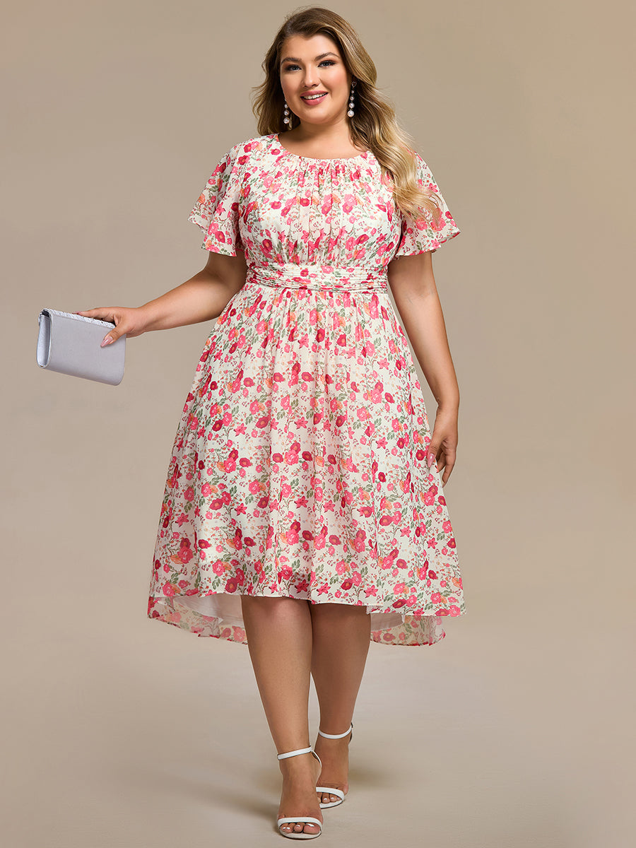 Color=white red | Plus Graceful Lotus Leaf Pleated A-Line Knee Length Round Neckline Short Sleeves Wholesale Wedding Guest Dress-white red 82