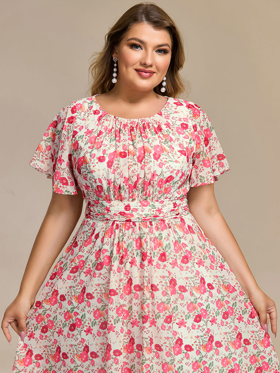 Color=white red | Plus Graceful Lotus Leaf Pleated A-Line Knee Length Round Neckline Short Sleeves Wholesale Wedding Guest Dress-white red 83