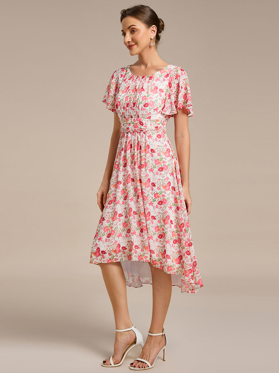 Color=white red | Graceful Lotus Leaf Pleated A-Line Knee Length Round Neckline Short Sleeves Wholesale Wedding Guest Dress-white red 89