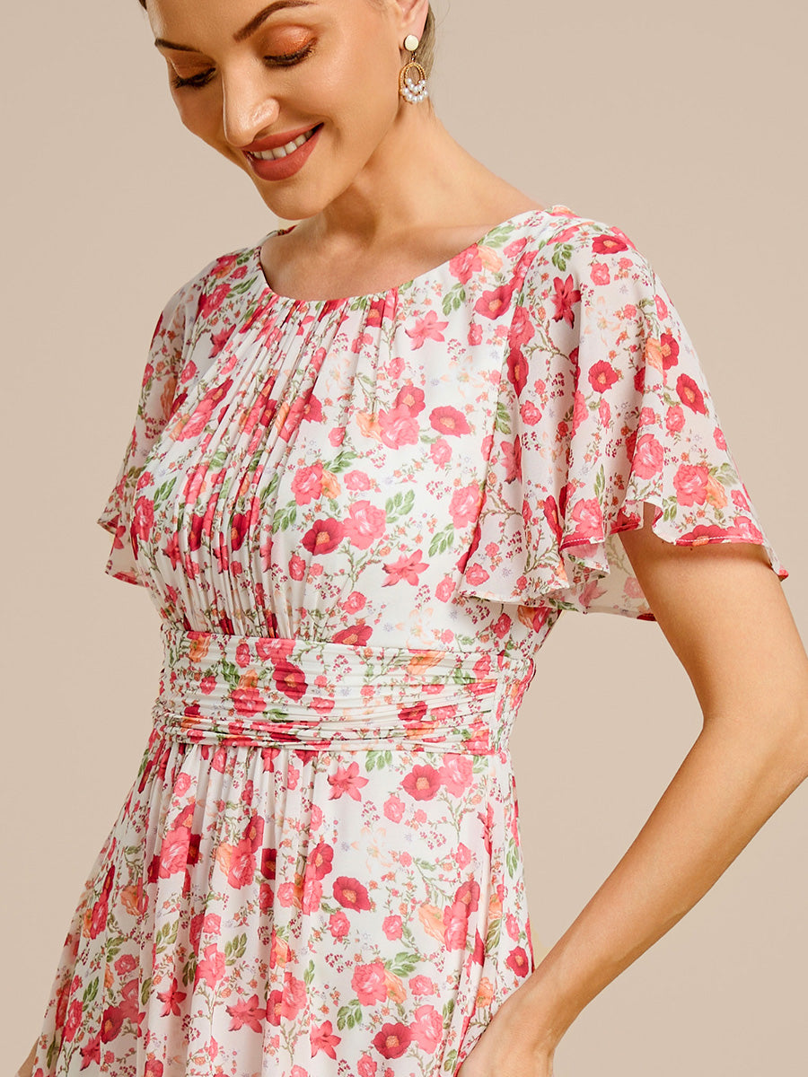 Color=white red | Graceful Lotus Leaf Pleated A-Line Knee Length Round Neckline Short Sleeves Wholesale Wedding Guest Dress-white red 90
