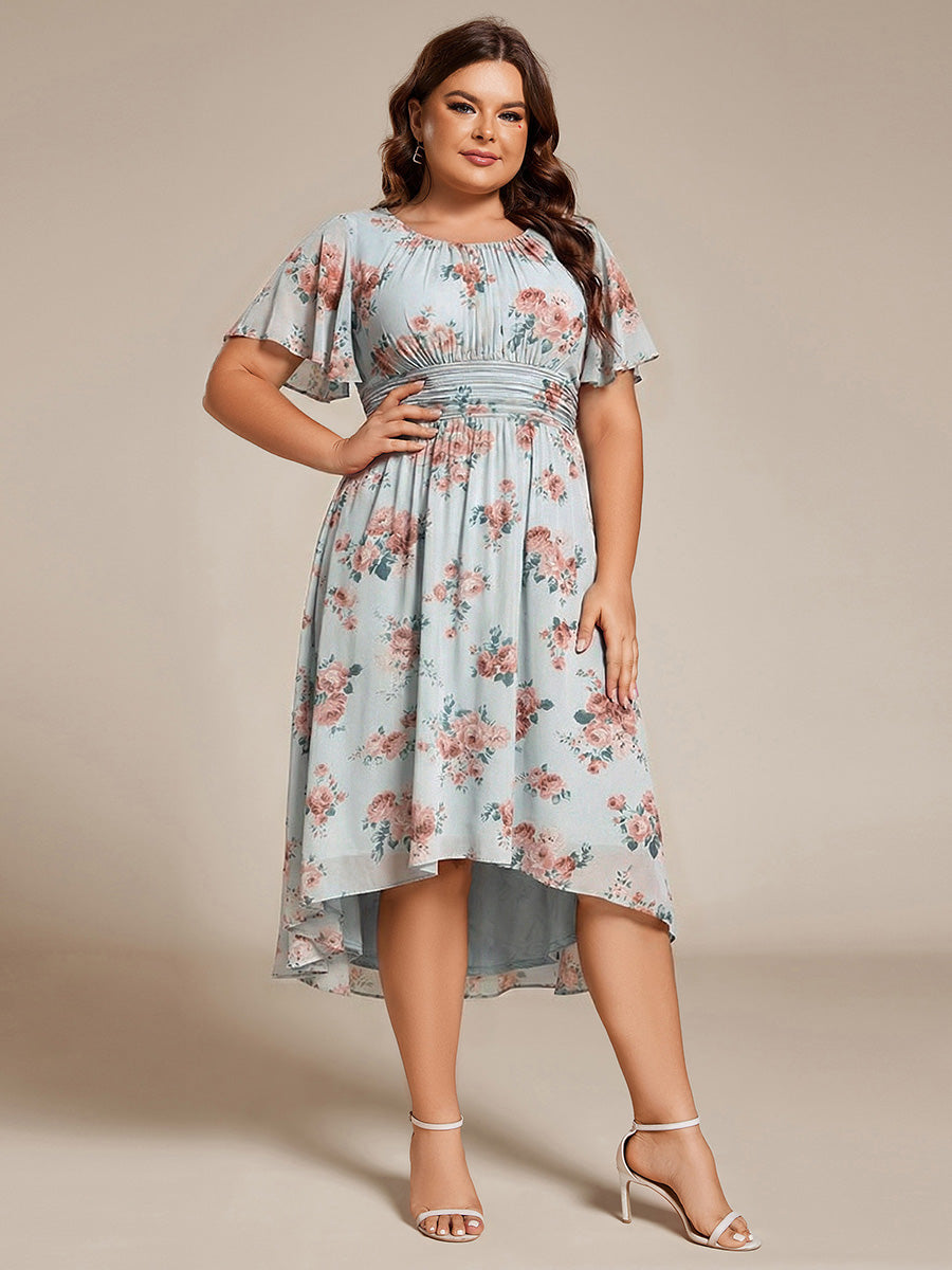 Color=Amber Bloom | Factory Design Short Sleeve Ruffle Pleated Round Neck A-Line High-Low Wedding Guest Dresses-Amber Bloom 9