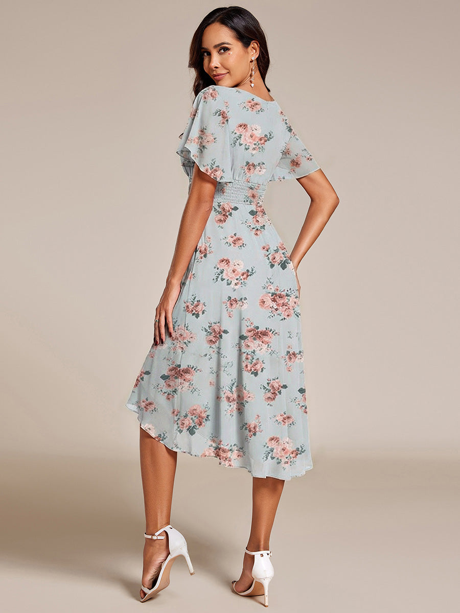 Color=Amber Bloom | Factory Design Short Sleeve Ruffle Pleated Round Neck A-Line High-Low Wedding Guest Dresses-Amber Bloom 2