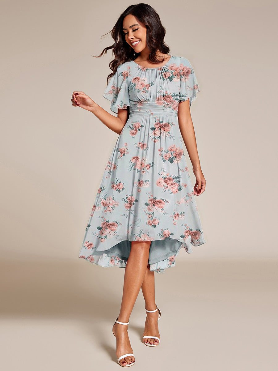 Color=Amber Bloom | Factory Design Short Sleeve Ruffle Pleated Round Neck A-Line High-Low Wedding Guest Dresses-Amber Bloom 4