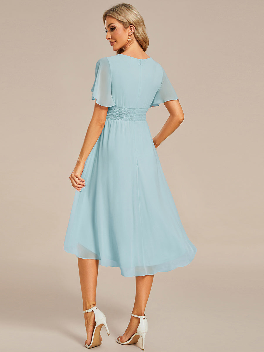 Color=Blue | Factory Design Short Sleeve Ruffle Pleated Round Neck A-Line High-Low Wedding Guest Dresses-Blue 2
