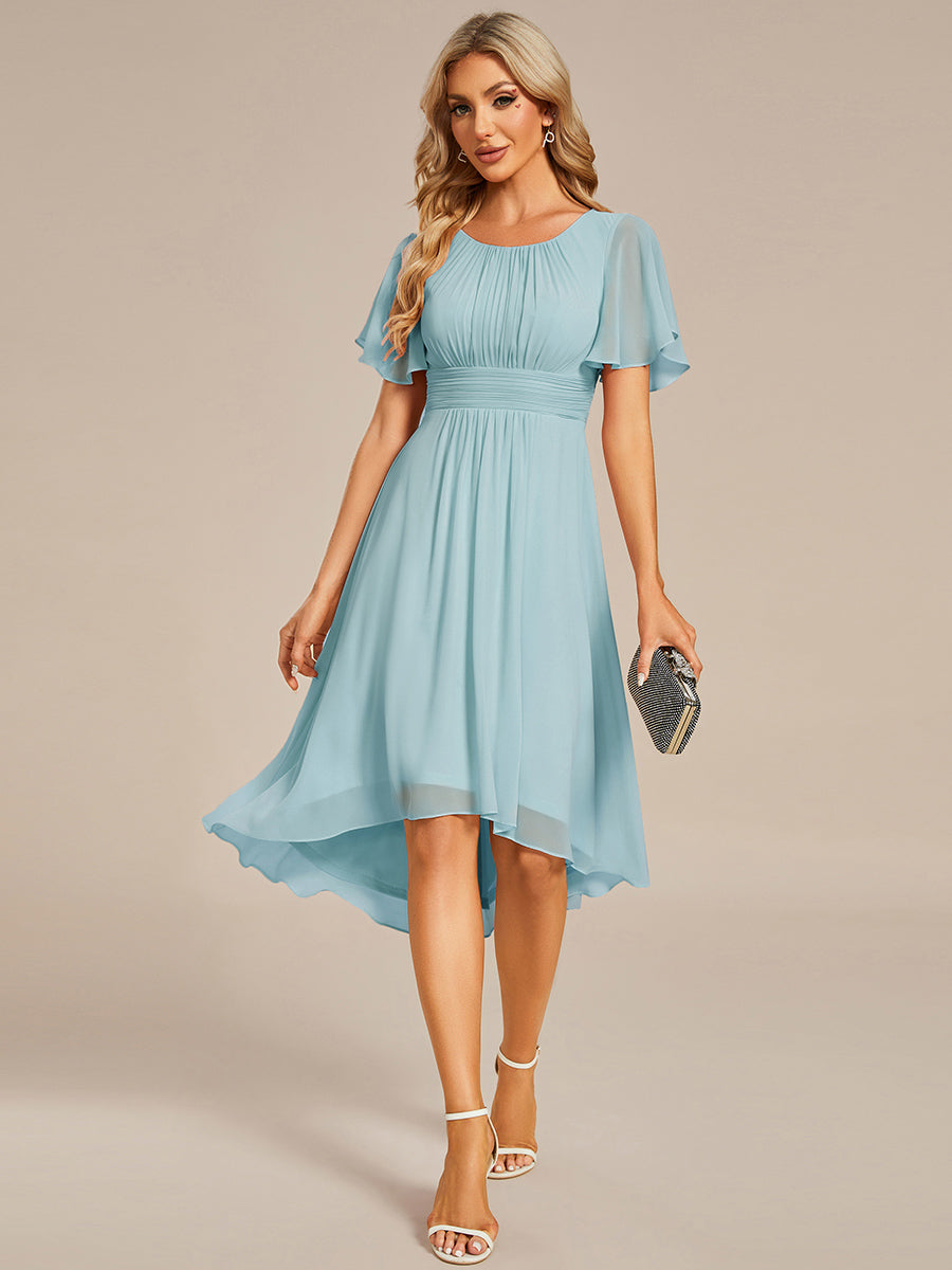 Color=Blue | Factory Design Short Sleeve Ruffle Pleated Round Neck A-Line High-Low Wedding Guest Dresses-Blue 4