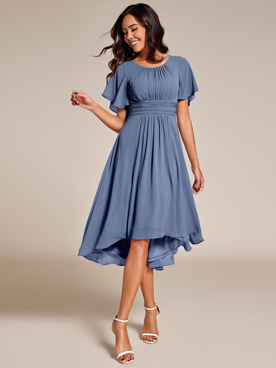 Color=Dusty Blue | B2B-Exclusive Short Sleeve Ruffle A-Line High-Low Round Neck Wedding Guest Dresses-Dusty Blue 1