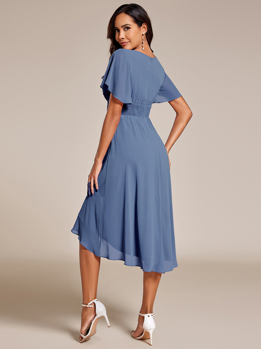 Color=Dusty Blue | B2B-Exclusive Short Sleeve Ruffle A-Line High-Low Round Neck Wedding Guest Dresses-Dusty Blue 2