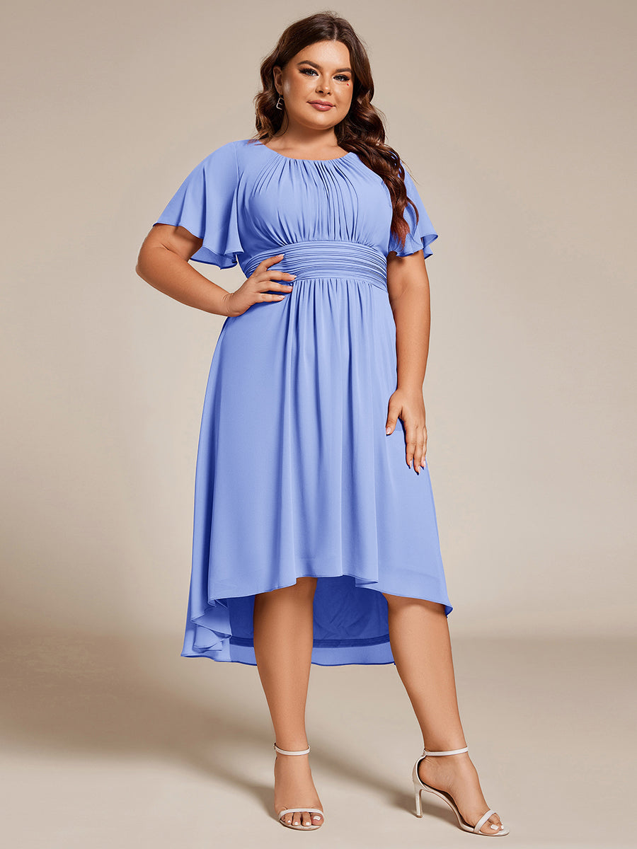 Color=Cornflower Blue | B2B-Exclusive Short Sleeve Ruffle A-Line High-Low Round Neck Wedding Guest Dresses-Cornflower Blue 26