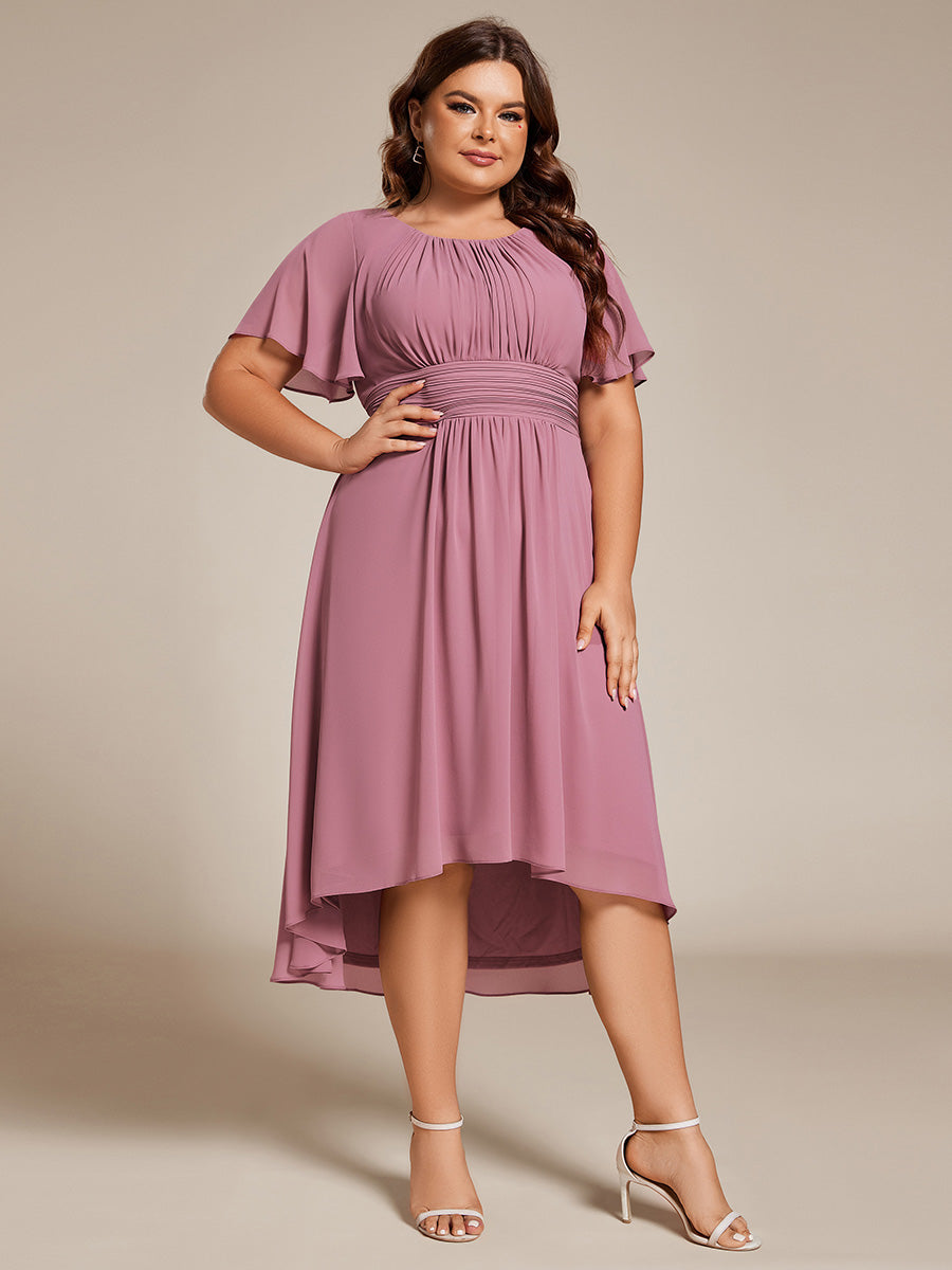 Color=Purple Orchid | B2B-Exclusive Short Sleeve Ruffle A-Line High-Low Round Neck Wedding Guest Dresses-Purple Orchid 46