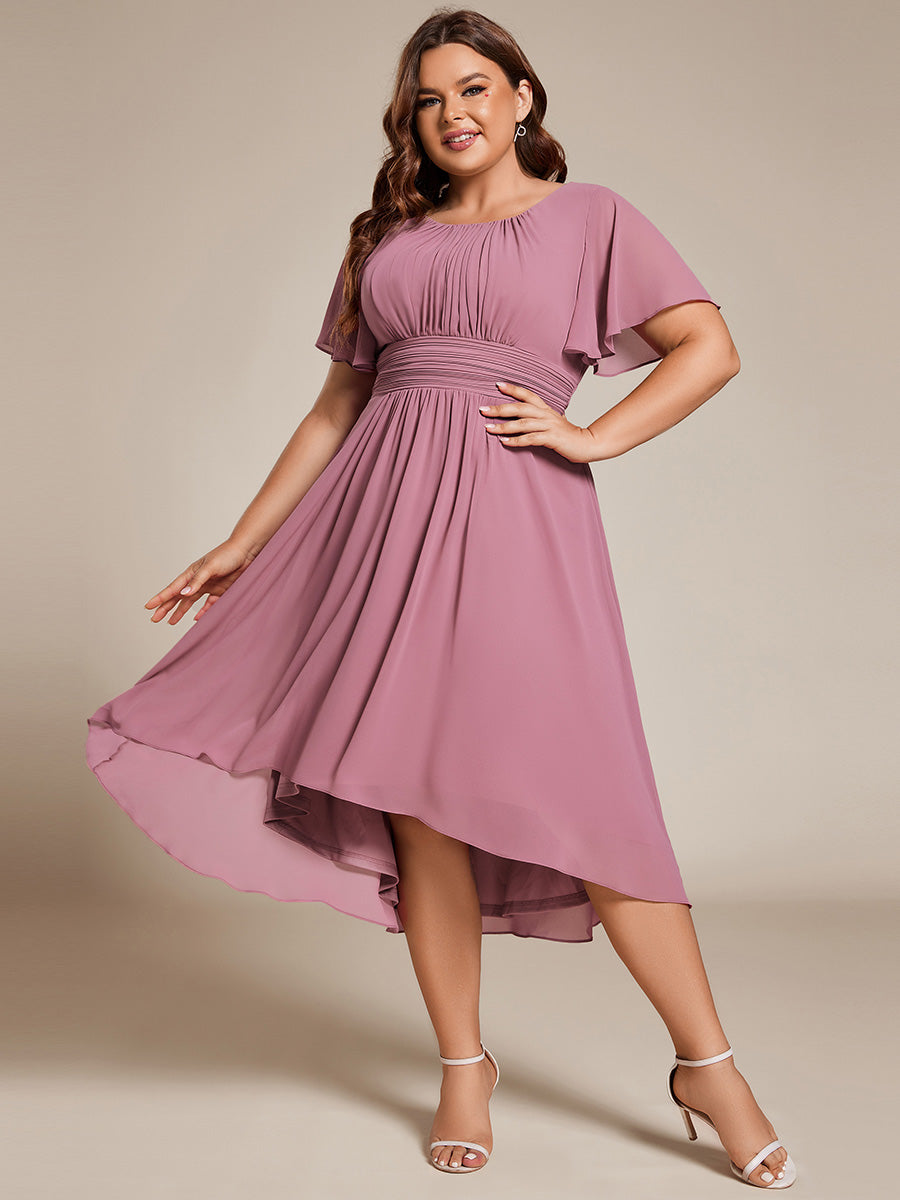 Color=Purple Orchid | B2B-Exclusive Short Sleeve Ruffle A-Line High-Low Round Neck Wedding Guest Dresses-Purple Orchid 49