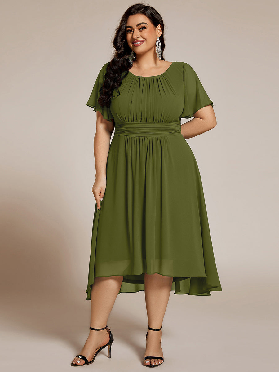 Color=Olive Green | B2B-Exclusive Short Sleeve Ruffle A-Line High-Low Round Neck Wedding Guest Dresses-Olive Green 56