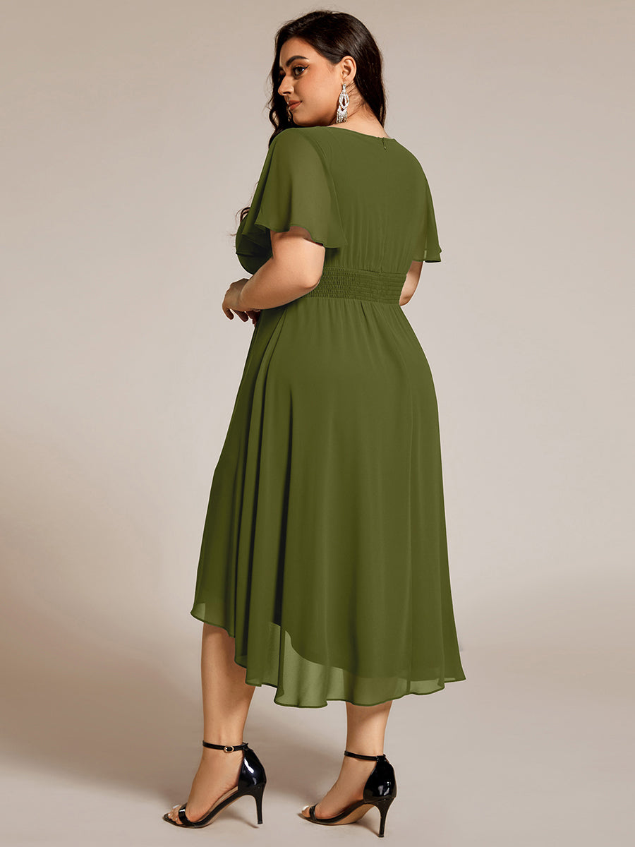 Color=Olive Green | B2B-Exclusive Short Sleeve Ruffle A-Line High-Low Round Neck Wedding Guest Dresses-Olive Green 57
