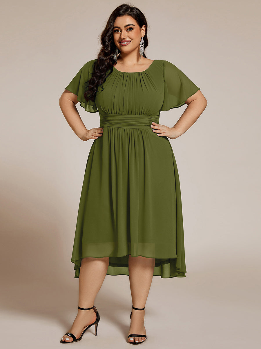 Color=Olive Green | B2B-Exclusive Short Sleeve Ruffle A-Line High-Low Round Neck Wedding Guest Dresses-Olive Green 60