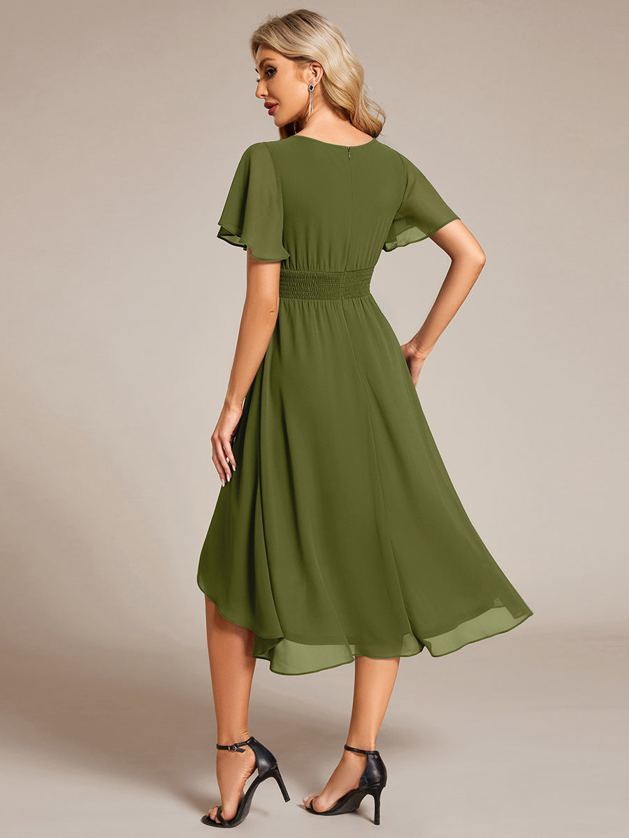 Color=Olive Green | B2B-Exclusive Short Sleeve Ruffle A-Line High-Low Round Neck Wedding Guest Dresses-Olive Green 52