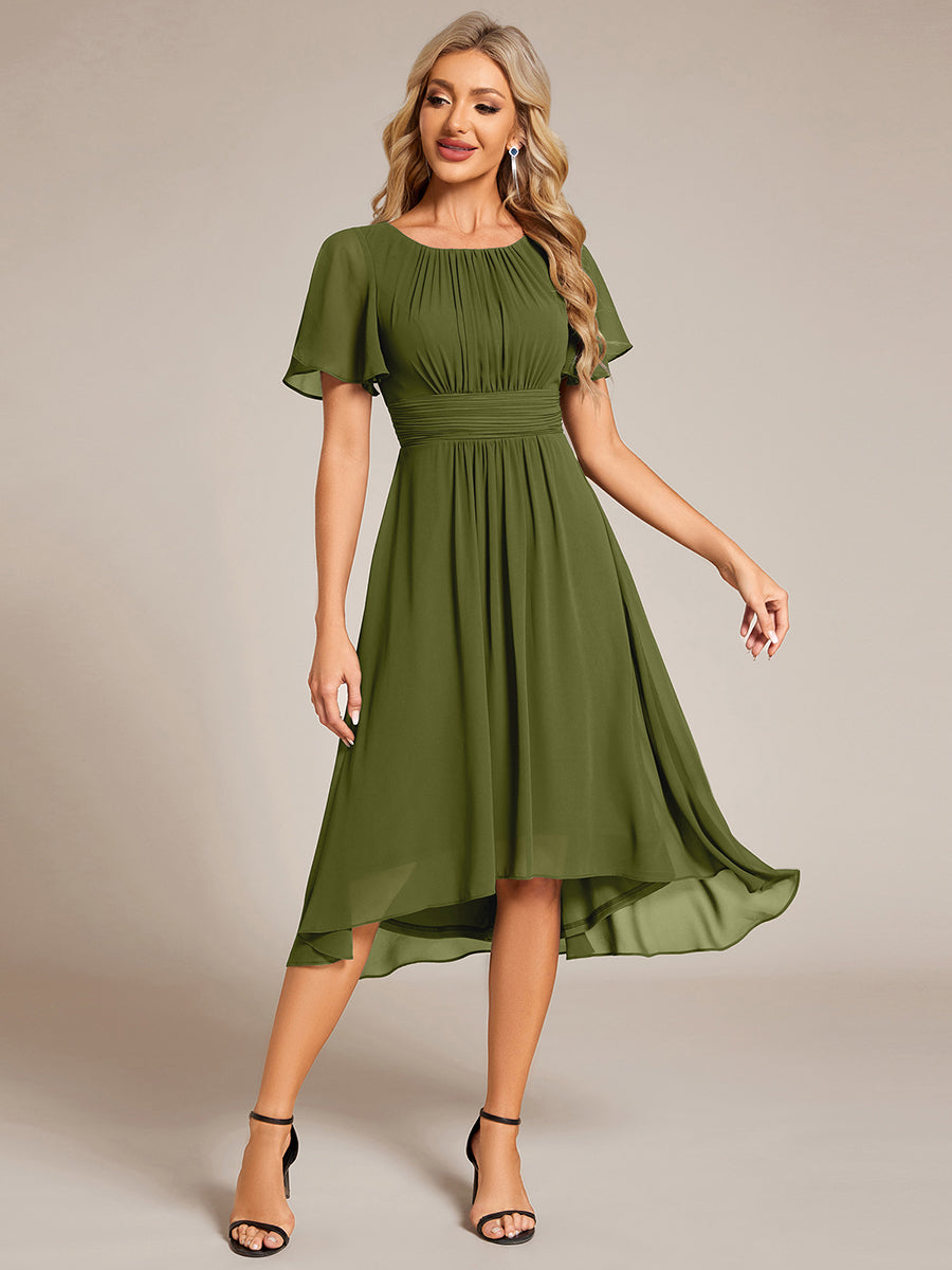 Color=Olive Green | B2B-Exclusive Short Sleeve Ruffle A-Line High-Low Round Neck Wedding Guest Dresses-Olive Green 54