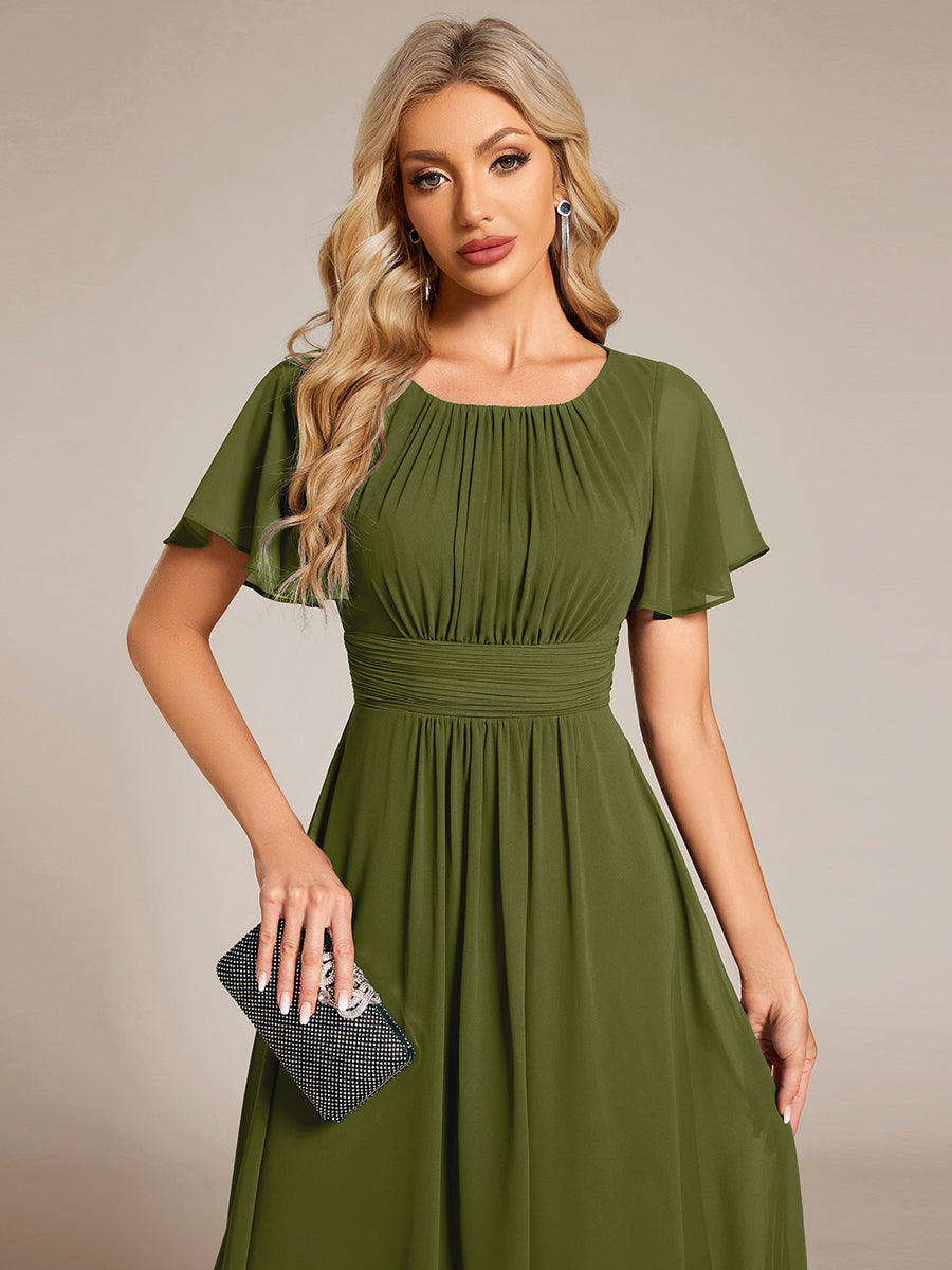Color=Olive Green | B2B-Exclusive Short Sleeve Ruffle A-Line High-Low Round Neck Wedding Guest Dresses-Olive Green 53