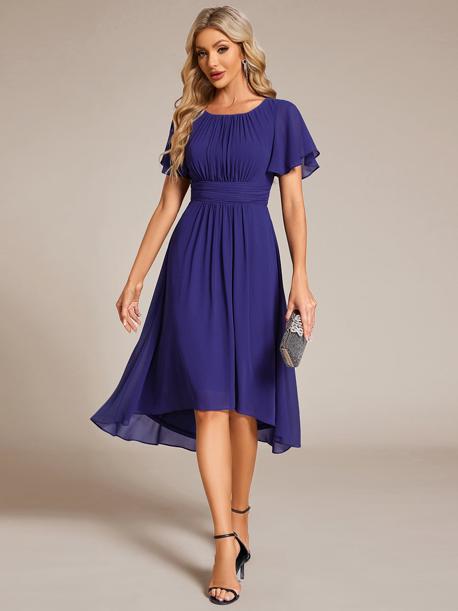 Color=Sapphire Blue | Factory Design Short Sleeve Ruffle Pleated Round Neck A-Line High-Low Wedding Guest Dresses-Sapphire Blue 1