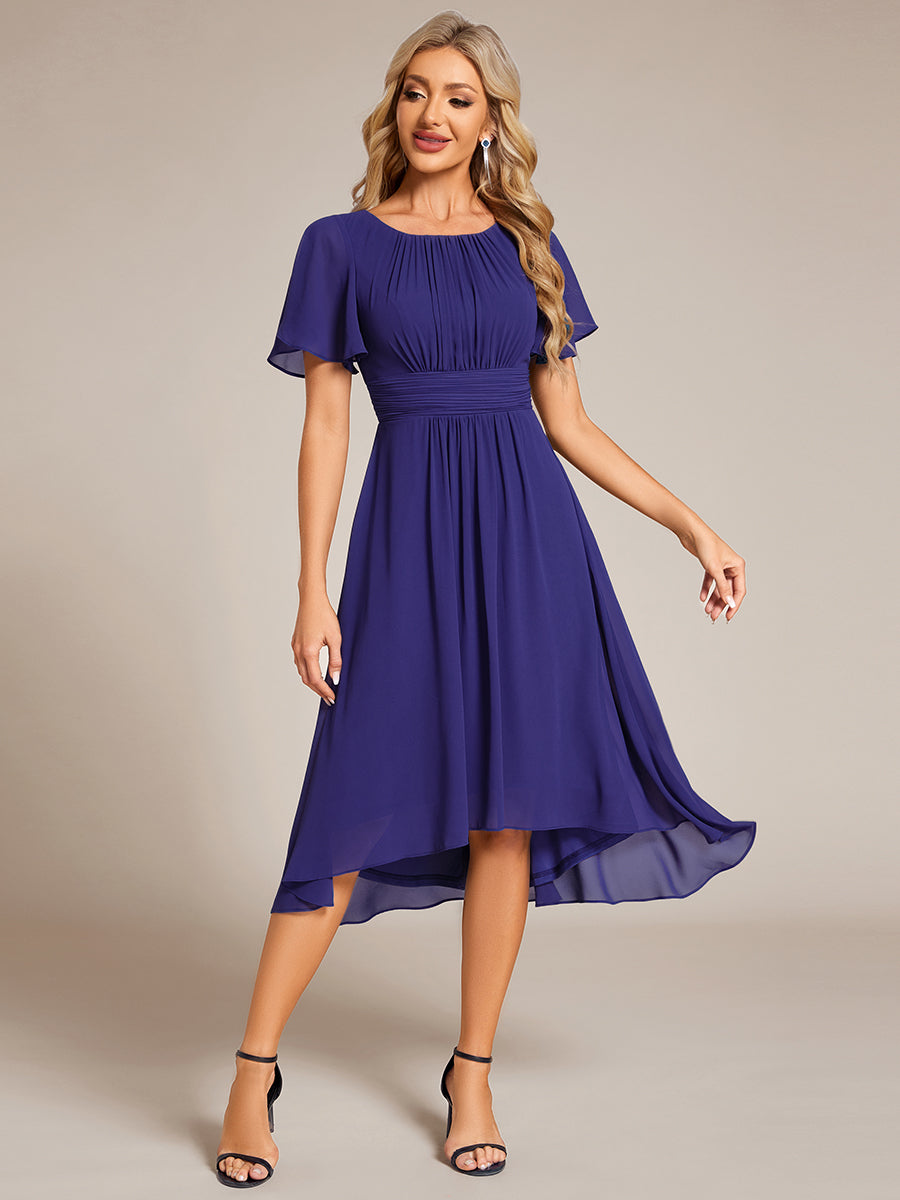 Color=Sapphire Blue | Factory Design Short Sleeve Ruffle Pleated Round Neck A-Line High-Low Wedding Guest Dresses-Sapphire Blue 3