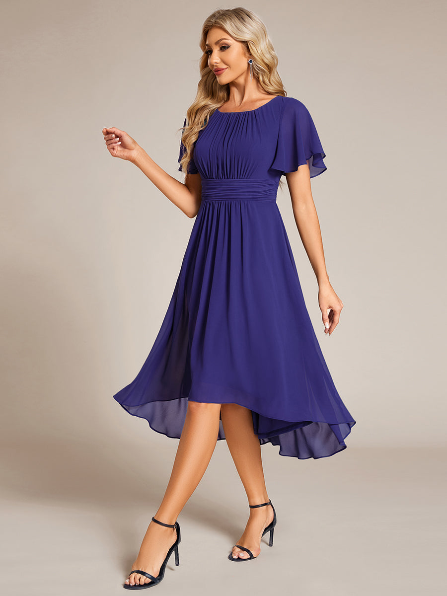 Color=Sapphire Blue | Factory Design Short Sleeve Ruffle Pleated Round Neck A-Line High-Low Wedding Guest Dresses-Sapphire Blue 4