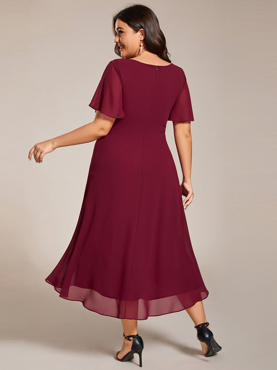 Color=Burgundy | V-Neck Midi Chiffon Wedding Guest Dresses with Ruffles Sleeve-Burgundy 1