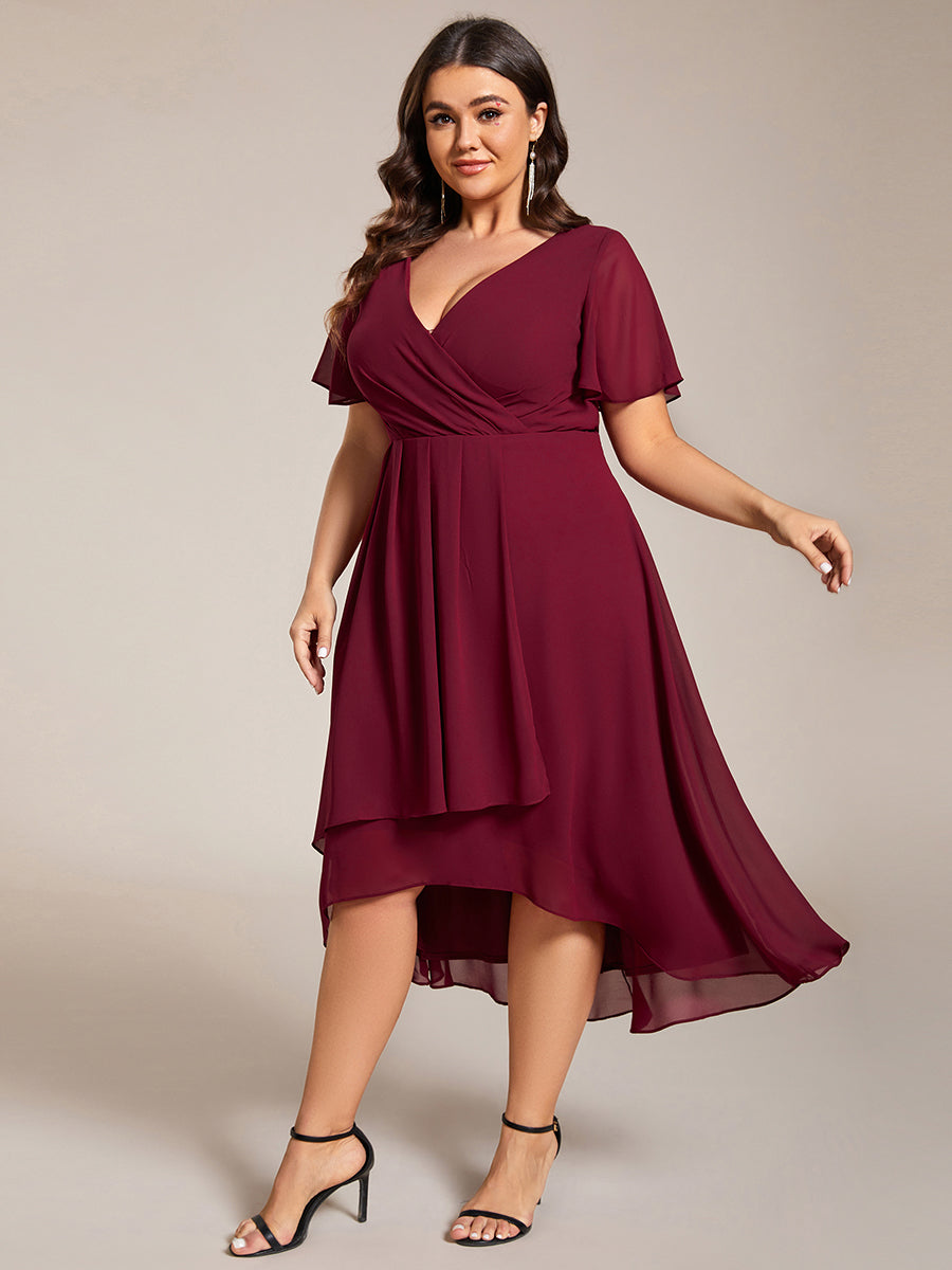 Color=Burgundy | V-Neck Midi Chiffon Wedding Guest Dresses with Ruffles Sleeve-Burgundy 1