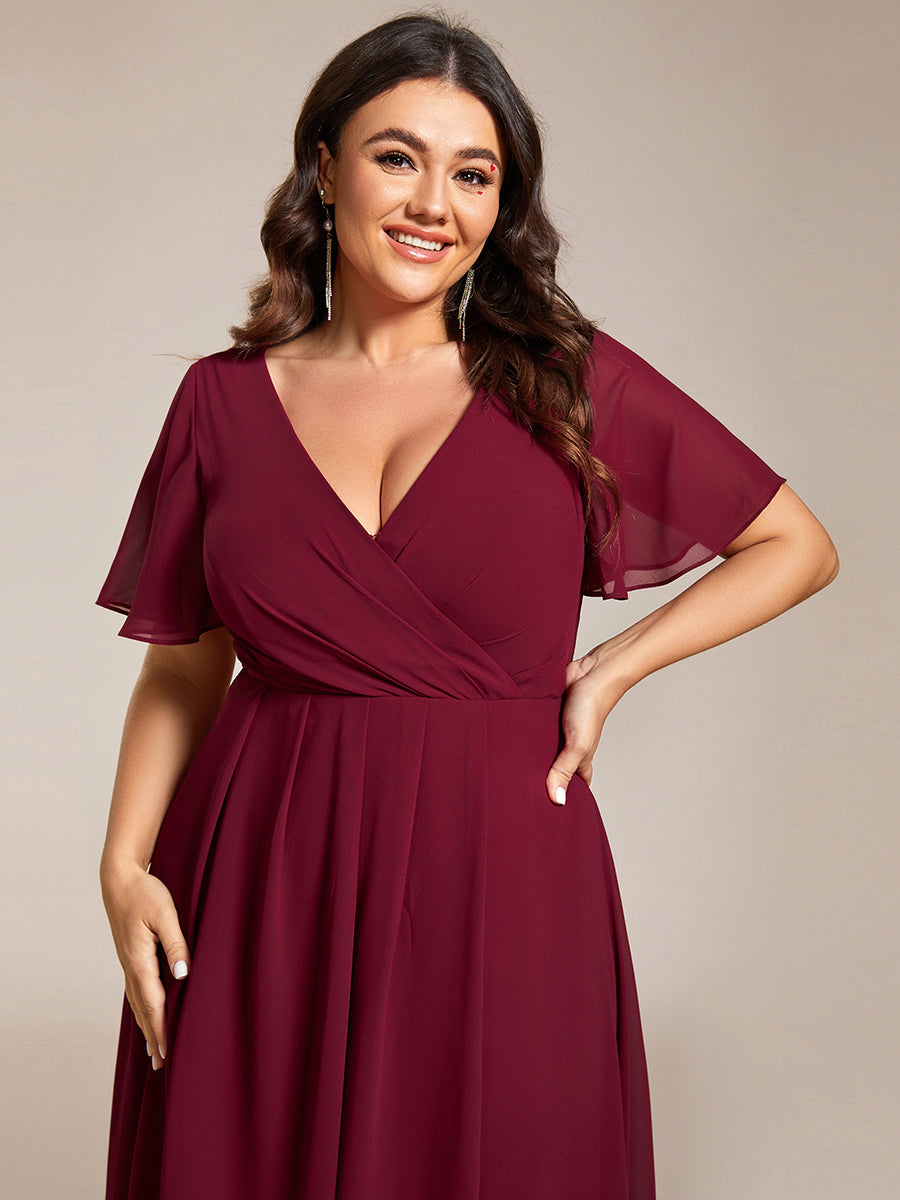 Color=Burgundy | V-Neck Midi Chiffon Wedding Guest Dresses with Ruffles Sleeve-Burgundy 1