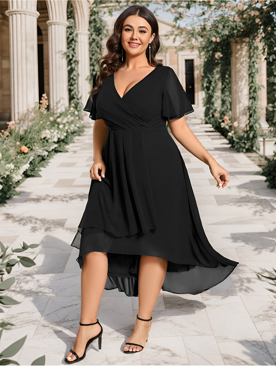 Color=Black | V-Neck Midi Chiffon Wedding Guest Dresses with Ruffles Sleeve-Black 10