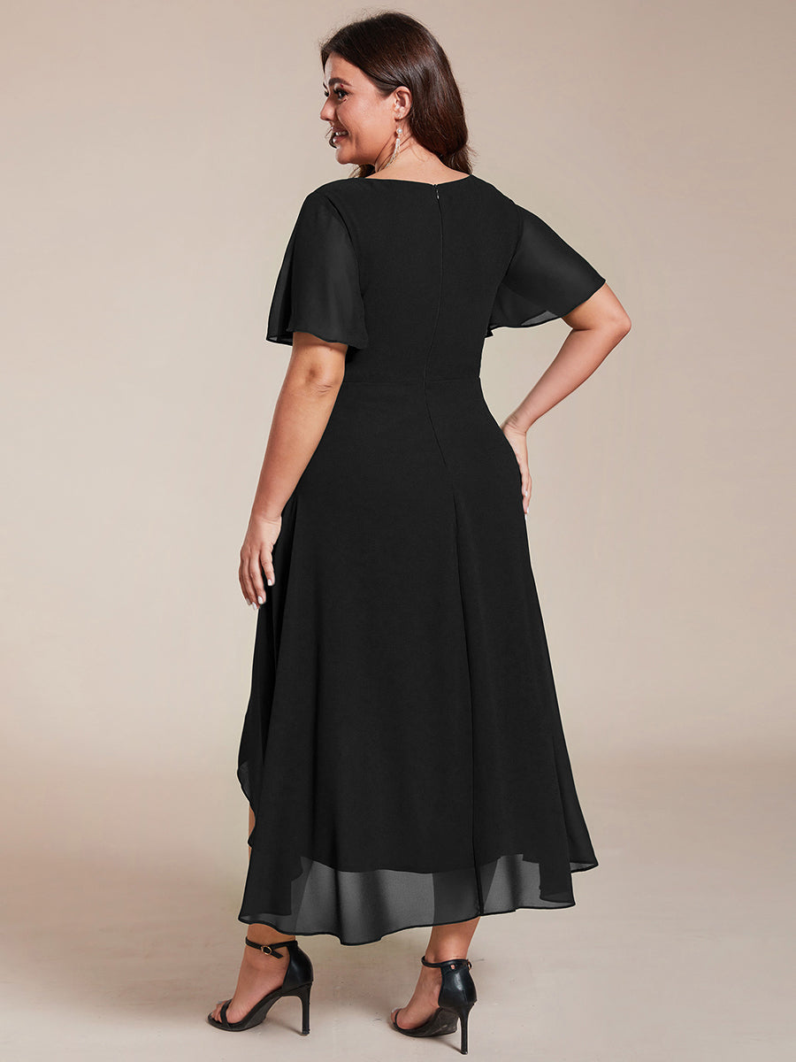 Color=Black | V-Neck Midi Chiffon Wedding Guest Dresses with Ruffles Sleeve-Black 14