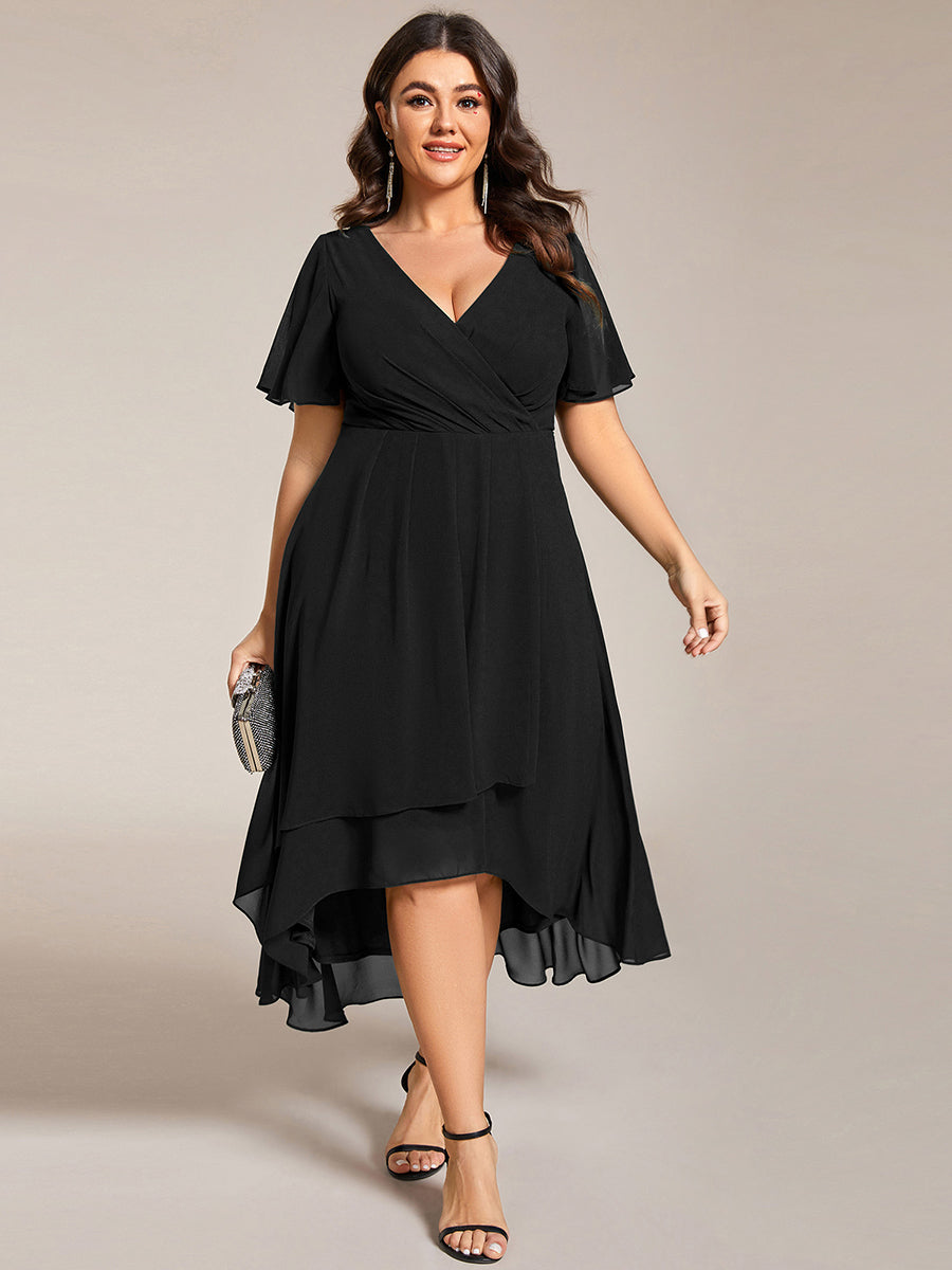 Color=Black | V-Neck Midi Chiffon Wedding Guest Dresses with Ruffles Sleeve-Black 12