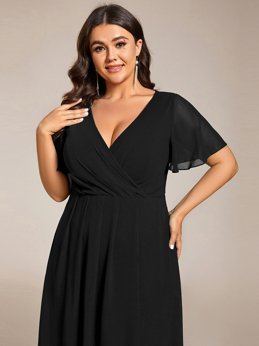 Color=Black | V-Neck Midi Chiffon Wedding Guest Dresses with Ruffles Sleeve-Black 11