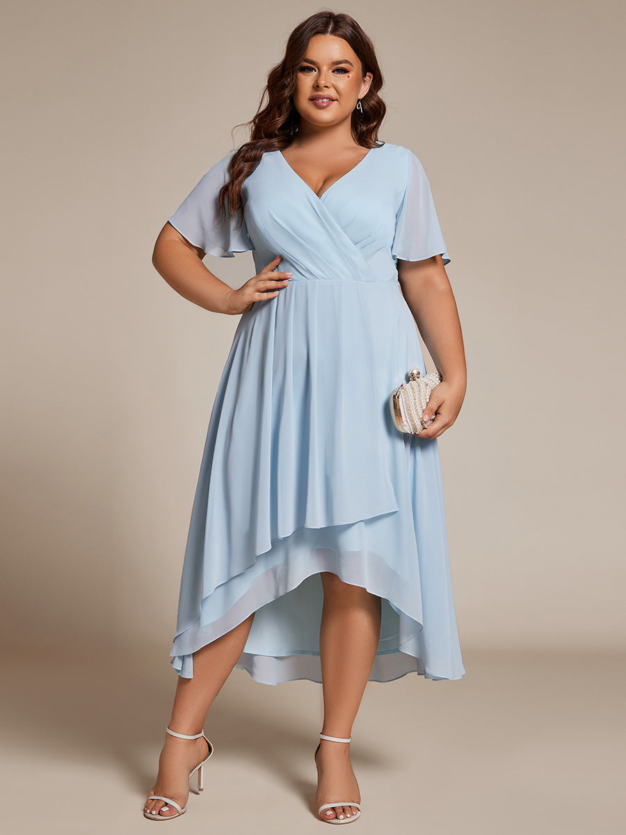 Color=Sky Blue| V-Neck Midi Chiffon Wedding Guest Dresses with Ruffles Sleeve-Sky Blue 3