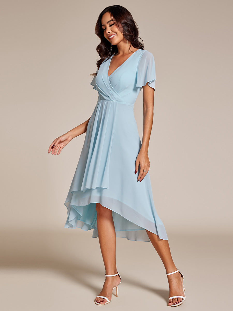 Color=Sky Blue | V-Neck Midi Chiffon Wedding Guest Dresses with Ruffles Sleeve-Sky Blue 5