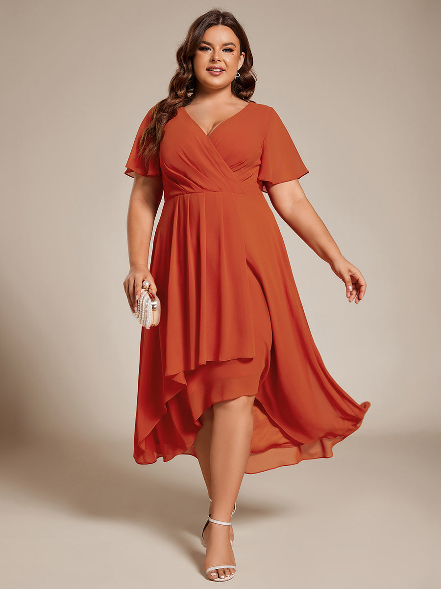 Color=Burnt Orange | V-Neck Midi Chiffon Wedding Guest Dresses with Ruffles Sleeve-Burnt Orange 5