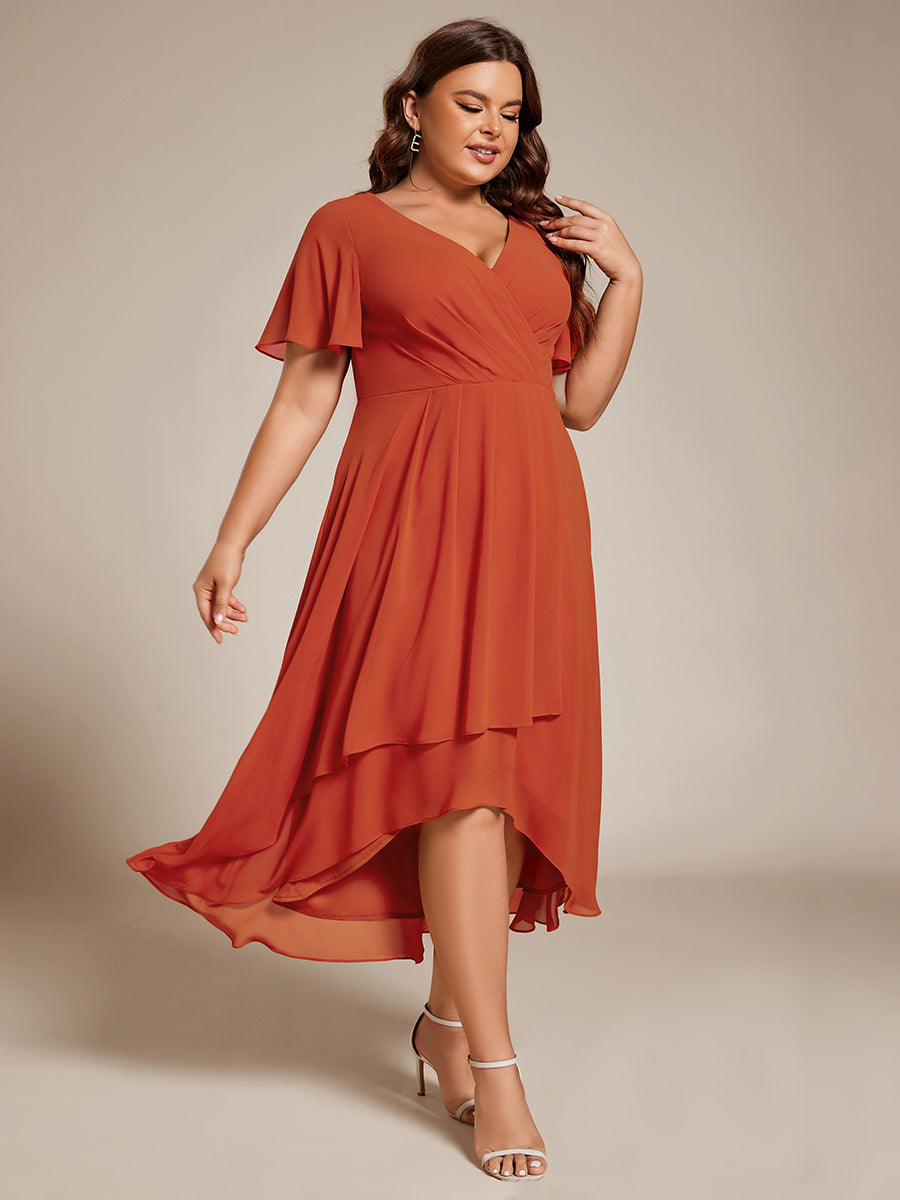 Color=Burnt Orange | V-Neck Midi Chiffon Wedding Guest Dresses with Ruffles Sleeve-Burnt Orange 3