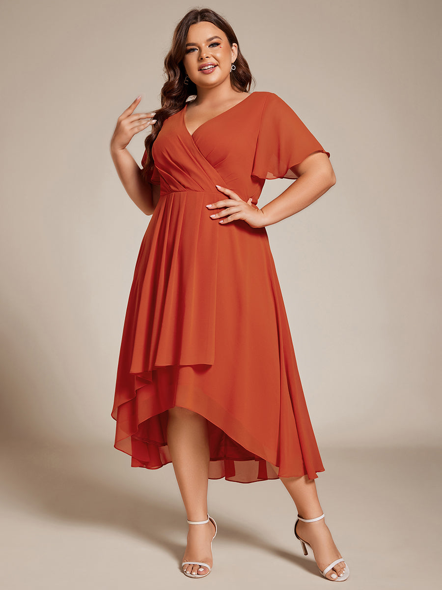 Color=Burnt Orange | V-Neck Midi Chiffon Wedding Guest Dresses with Ruffles Sleeve-Burnt Orange 1