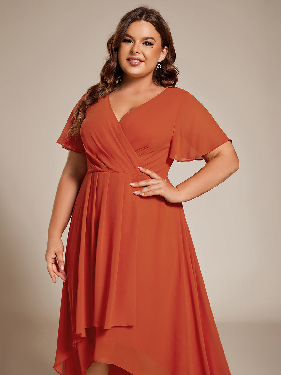 Color=Burnt Orange | V-Neck Midi Chiffon Wedding Guest Dresses with Ruffles Sleeve-Burnt Orange 2