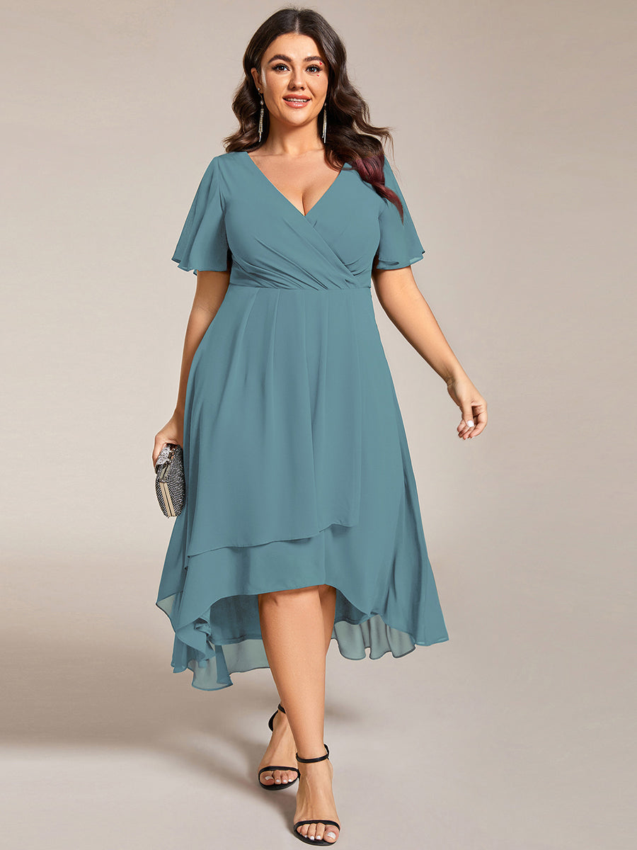 Color=Dusty Blue | V-Neck Midi Chiffon Wedding Guest Dresses with Ruffles Sleeve-Dusty Blue 1