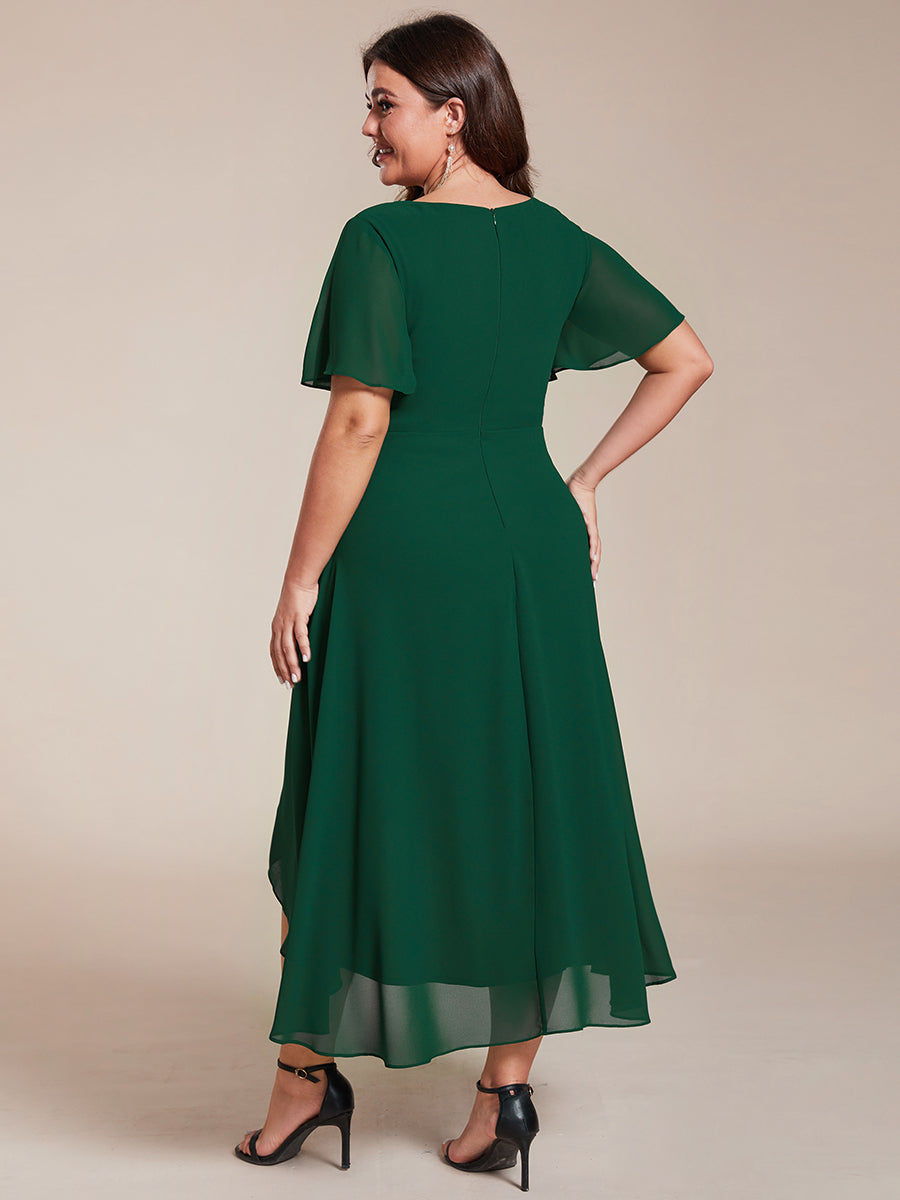 Color=Dark Green | V-Neck Midi Chiffon Wedding Guest Dresses with Ruffles Sleeve-Dark Green 5