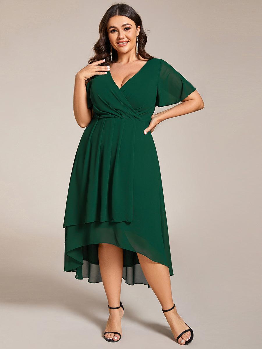 Color=Dark Green | V-Neck Midi Chiffon Wedding Guest Dresses with Ruffles Sleeve-Dark Green 2