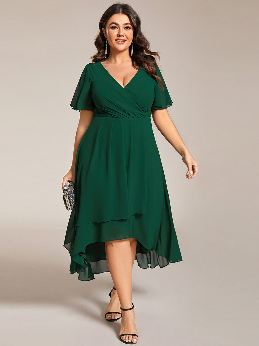 Color=Dark Green | V-Neck Midi Chiffon Wedding Guest Dresses with Ruffles Sleeve-Dark Green 3