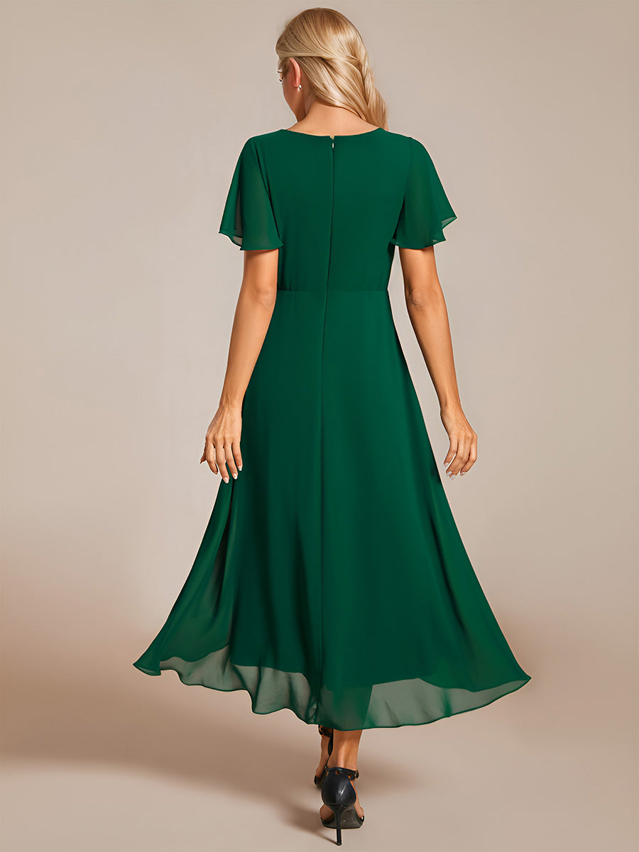 Color=Dark Green | V-Neck Midi Chiffon Wedding Guest Dresses with Ruffles Sleeve-Dark Green 12