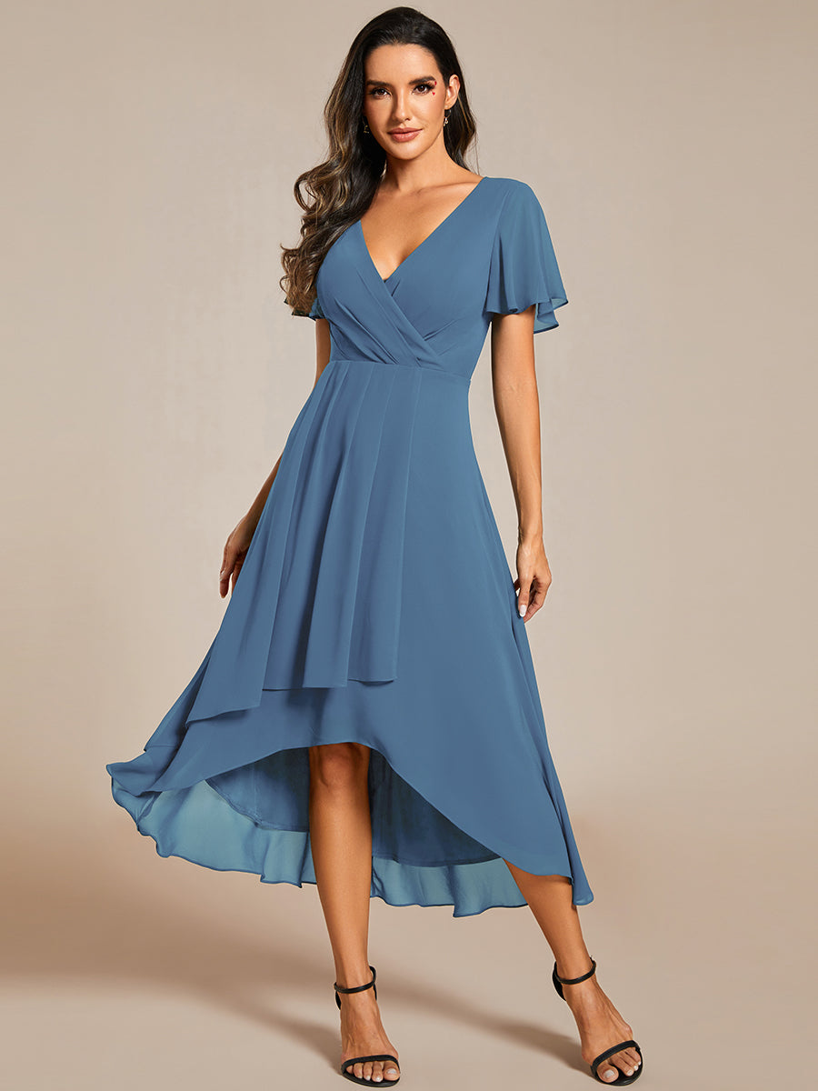 Color=Dusty Blue| V-Neck Midi Chiffon Wedding Guest Dresses with Ruffles Sleeve-Dusty Blue 9
