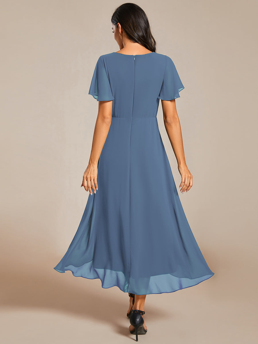 Color=Dusty Blue| V-Neck Midi Chiffon Wedding Guest Dresses with Ruffles Sleeve-Dusty Blue 8