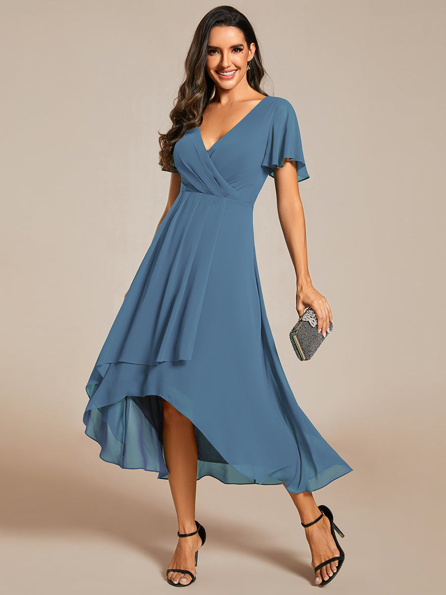 Color=Dusty Blue| V-Neck Midi Chiffon Wedding Guest Dresses with Ruffles Sleeve-Dusty Blue 5