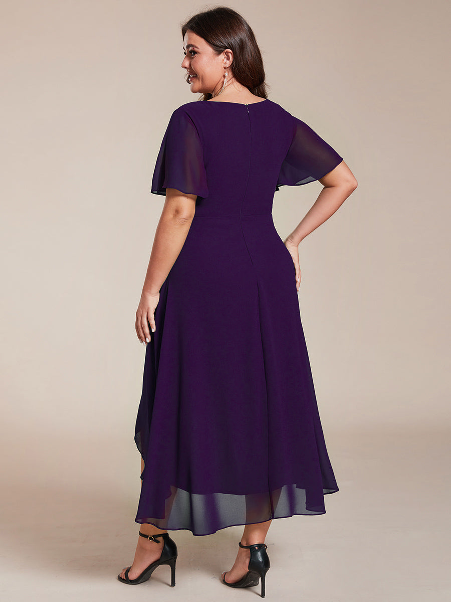Color=Dark Purple | V-Neck Midi Chiffon Wedding Guest Dresses with Ruffles Sleeve-Dark Purple 3