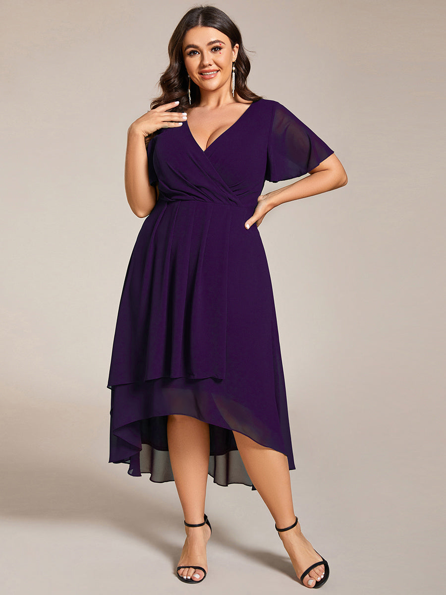 Color=Dark Purple | V-Neck Midi Chiffon Wedding Guest Dresses with Ruffles Sleeve-Dark Purple 2