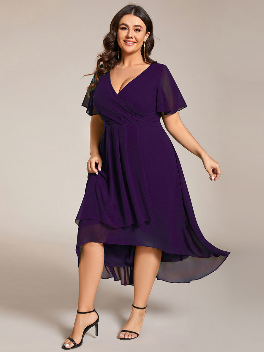 Color=Dark Purple | V-Neck Midi Chiffon Wedding Guest Dresses with Ruffles Sleeve-Dark Purple 4
